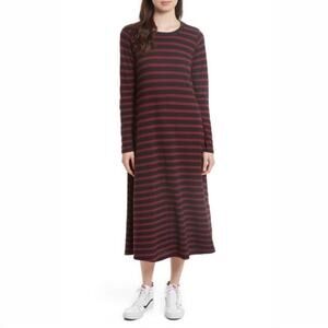 THE GREAT. Burgundy and Black Striped Midi Dress